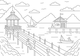 Obraz premium Ocean Pier Scene Coloring Page – Summer Fishing & Seagulls Line Art