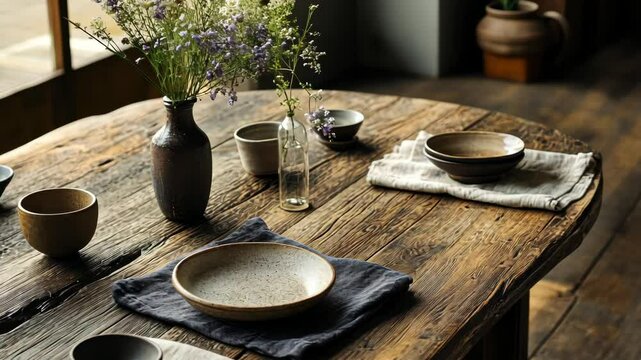 Sunlit rustic table setting with wildflowers and textured dinnerware