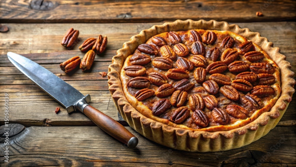 Poster a whole pecan pie sits on a rustic wooden table with a knife resting beside it, inviting you to indu
