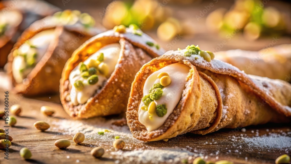 Poster crispy pastry shells filled with creamy filling, topped with chopped pistachios and a dusting of pow
