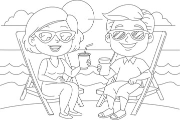 A couple relaxing on beach chairs with sunglasses and drinks”