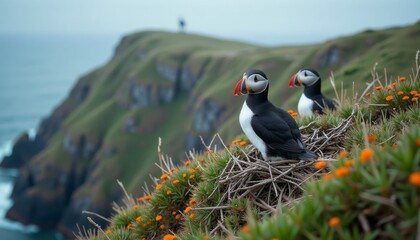 Puffin on Cliff with Orange Flowers