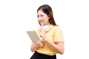 Asian young beautiful woman in a yellow shirt holding a tablet and pen with headphones around her neck, making a thoughtful expression.