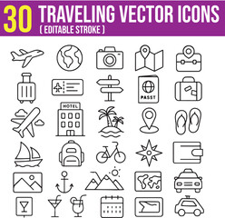 travel, Vacation, and tourism icon set. It contains a swimming pool, beach, map, plane, suitcase, boat, cycle, hotel, and resort. Each icon has an editable stroke.