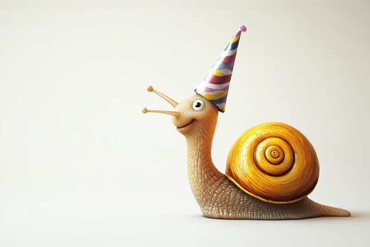 A macro close-up of a small brown garden snail with a spiral shell crawling slowly on a white background, showing the slimy gastropod mollusk isolated as a single animal in nature