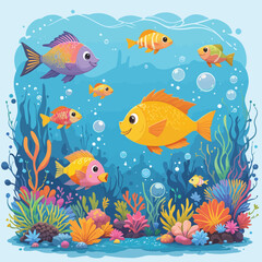 Fototapeta premium A lively flat vector illustration featuring colorful fish swimming among coral reefs and bubbles