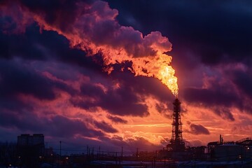 Obraz premium Gas flaring emitting smoke and flames at sunset in oil refinery