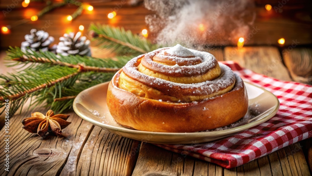 Poster a sweet cinnamon roll dusted with powdered sugar, resting on a plate with a red checkered napkin and