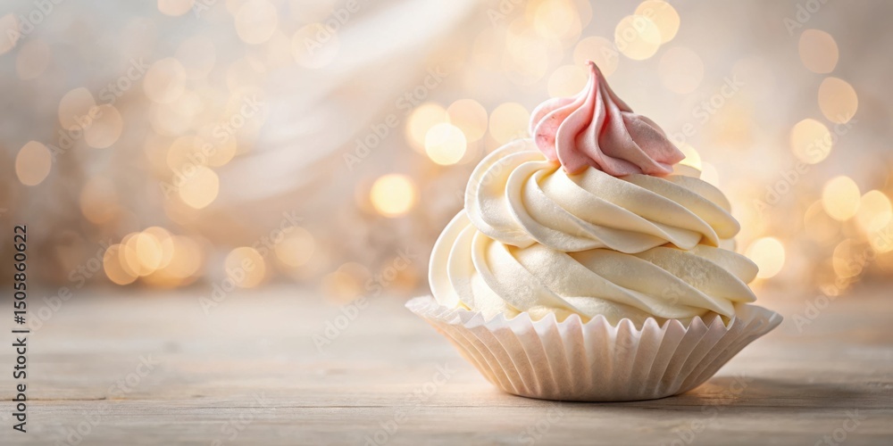 Poster A Single Delicate Whipped Cream Dessert with a Pink Swirl on Top, Set Against a Soft Bokeh Background