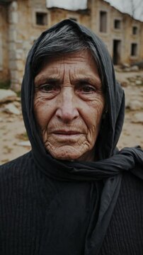 Portrait poignant d'une femme &acirc;g&eacute;e devant des ruines abandonn&eacute;es

