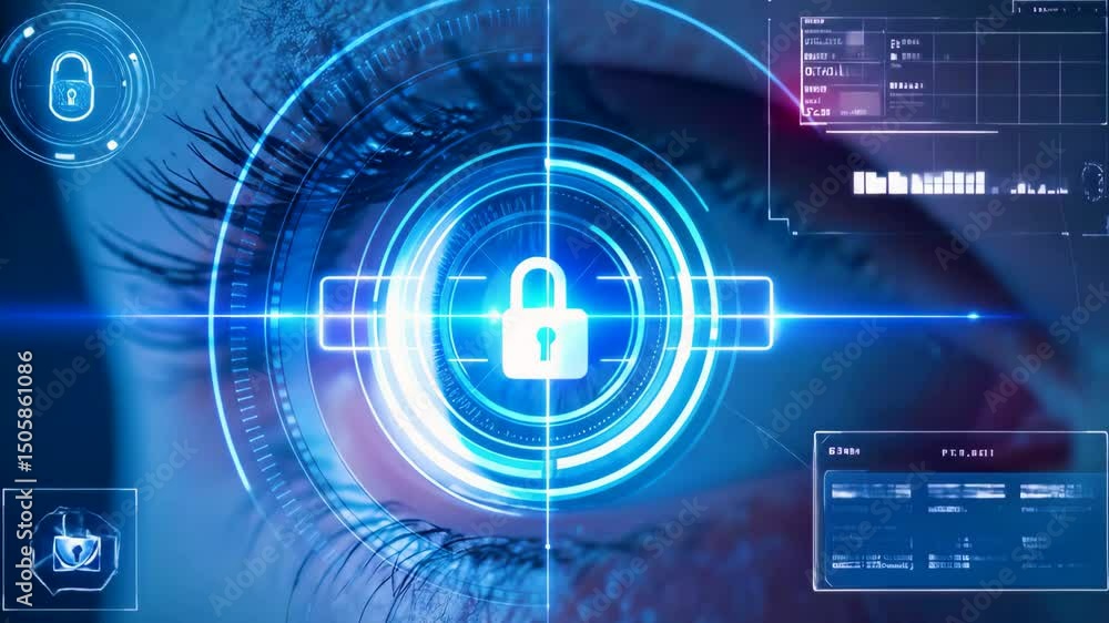 Poster close-up of a human eye undergoing retina biometric scanning, futuristic digital hud interface eleme