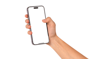 Hand holding smartphone with blank screen isolated.

