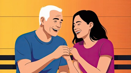  A senior man and a younger woman are holding hands, laughing. This image is ideal for illustrating friendship, intergenerational relationships, or positive emotions.