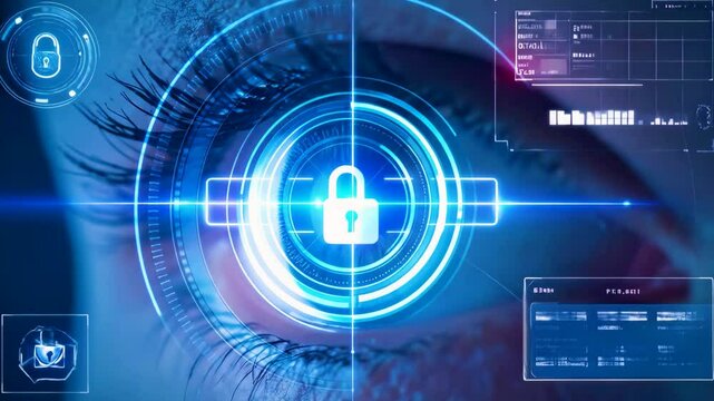 Close-up of a human eye undergoing retina biometric scanning, futuristic digital HUD interface element, representing cybersecurity, identity verification, advanced biometric technology, seamless loop - Powered by Adobe