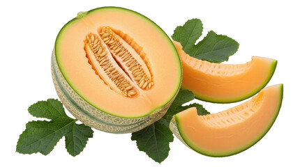 Isolated Half Cantaloupe Melon with Slices and Leaves