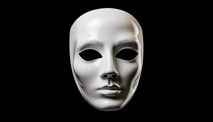  glossy white expressionless face mask on black background for halloween branding, horror web design, surreal print artwork, or mysterious identity concept illustration