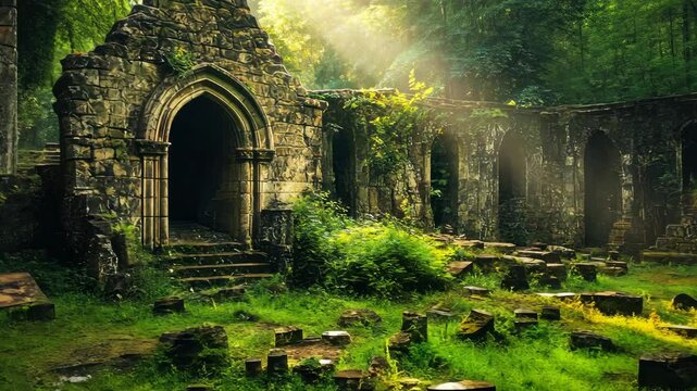 Enchanted sunlit ruins: mystical journey through ancient forest archways