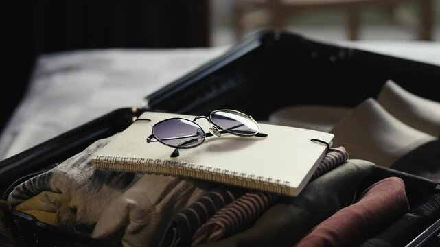 Vacation ready Suitcase, packed with cloth, flip flops and sunglasses, packing for beach holiday