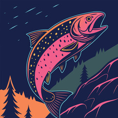 Neon Salmon Illustration Vibrant Fish Design in Cyan Magenta Yellow and Black