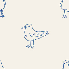 Seagulls seamless pattern, whimsy hand drawn background. Nautical wallpaper in navi blue color. Funny seagull line art. Cute vector outlined sea coastal theme background design
