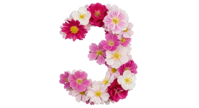 Isolated Floral Number Three Made of Pink and White Flowers