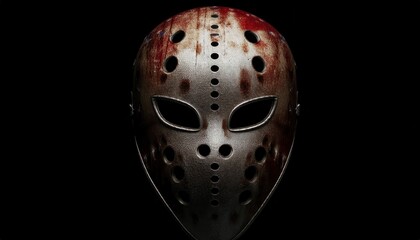 metallic hockey mask with blood splatter on black background for horror branding, halloween poster, or thriller web design