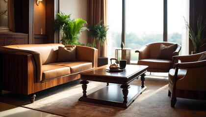 Comfortable living room with leather sofa, armchairs and wooden coffee table.