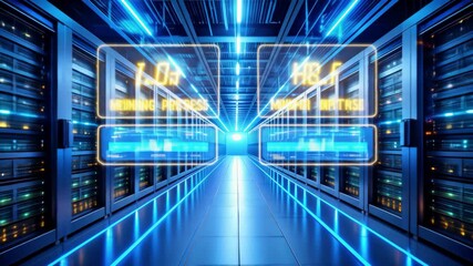 Data center interior, server and mining machine, infrastructure support cryptocurrency mining and blockchain technology. Digital hash rate counter, Bitcoin, ethereum symbol in augmented reality panels - Powered by Adobe