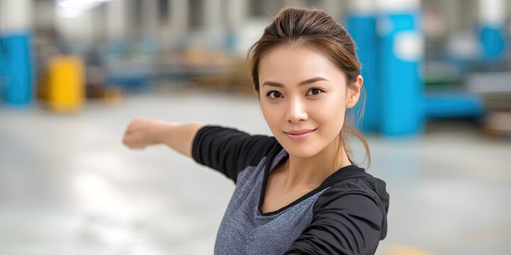 dynamic angle photo of friendly asian entrepreneur, dynamic pose in factory 