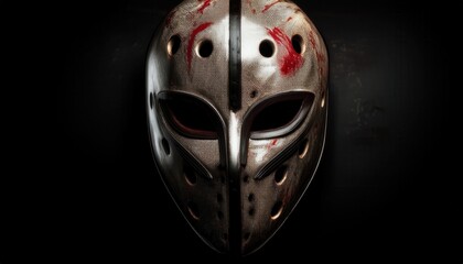 metallic hockey mask with blood splatter on black background for horror branding, halloween poster, or thriller web design