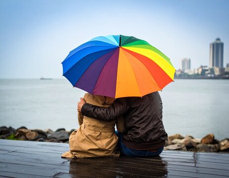 A Indian couple sitting on the Mumbai's marine drive enjoying the cosy weather during monsoon season of India at Mumbai.