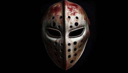 metallic hockey mask with blood splatter on black background for horror branding, halloween poster, or thriller web design