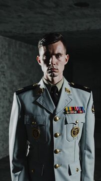 Homme en uniforme militaire d&eacute;cor&eacute;, debout dans un couloir sombre
