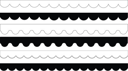 Scalloped border. illustration isolated on white background. dividers. Simple scalloped border. Repeat cute vintage frill ornament. Texture ribbons. Vector  Scalloped edge seamless set. borders and 