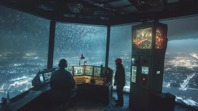 A pilot monitors the air traffic from a control tower during a heavy rainstorm