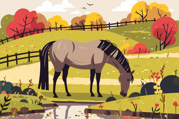 Vector illustration of a horse grazing near a pond in an autumn landscape with colorful trees, hills, and a wooden fence. Perfect for farm, nature, countryside, or animal themes.
