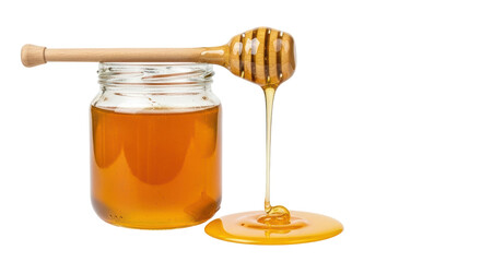 Isolated Glass Jar of Golden Honey with Honey Dipper Drizzling Syrup