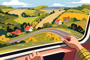 Scenic countryside view from a train window, featuring rolling hills, colorful fields, and charming houses. Vibrant rural landscape vector illustration, perfect for travel and adventure concepts