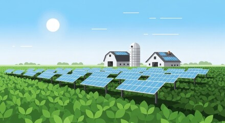 Minimalist Illustration of a Farm with Large Green Crop Fields, Systematic Rows of Solar Panels Above Plants, Simplified Barn, Silo, and Farmhouse, Under a Bright Sun in a Clear Stylized Blue Sky