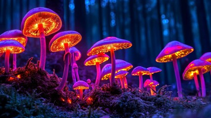 Enchanting glowing mushrooms in mystical forest at twilight - Powered by Adobe