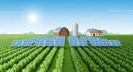 Minimalist Illustration of a Farm with Large Green Crop Fields, Systematic Rows of Solar Panels Above Plants, Simplified Barn, Silo, and Farmhouse, Under a Bright Sun in a Clear Stylized Blue Sky