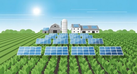 Minimalist Illustration of a Farm with Large Green Crop Fields, Systematic Rows of Solar Panels Above Plants, Simplified Barn, Silo, and Farmhouse, Under a Bright Sun in a Clear Stylized Blue Sky