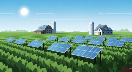 Minimalist Illustration of a Farm with Large Green Crop Fields, Systematic Rows of Solar Panels Above Plants, Simplified Barn, Silo, and Farmhouse, Under a Bright Sun in a Clear Stylized Blue Sky