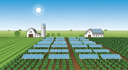 Minimalist Illustration of a Farm with Large Green Crop Fields, Systematic Rows of Solar Panels Above Plants, Simplified Barn, Silo, and Farmhouse, Under a Bright Sun in a Clear Stylized Blue Sky