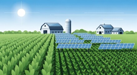 Minimalist Illustration of a Farm with Large Green Crop Fields, Systematic Rows of Solar Panels Above Plants, Simplified Barn, Silo, and Farmhouse, Under a Bright Sun in a Clear Stylized Blue Sky