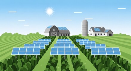 Minimalist Illustration of a Farm with Large Green Crop Fields, Systematic Rows of Solar Panels Above Plants, Simplified Barn, Silo, and Farmhouse, Under a Bright Sun in a Clear Stylized Blue Sky