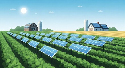 Minimalist Illustration of a Farm with Large Green Crop Fields, Systematic Rows of Solar Panels Above Plants, Simplified Barn, Silo, and Farmhouse, Under a Bright Sun in a Clear Stylized Blue Sky
