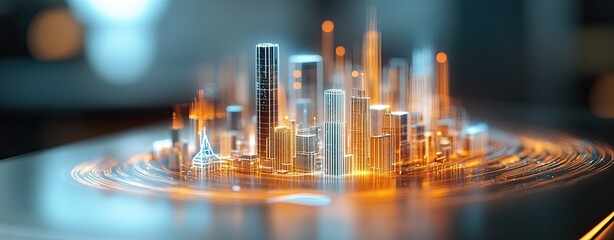 High-resolution printer technology visual for futuristic printing, next-gen printer technology visual for innovative color output. Futuristic city skyline with glowing structures.