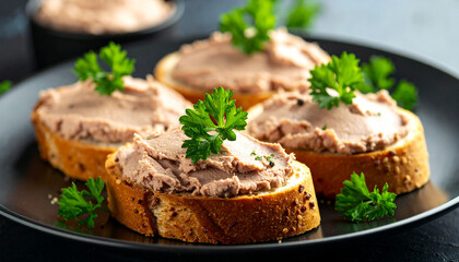 Crusty bread generously spread with smooth liver pate and fresh herbs. Tasty snack for lunch.