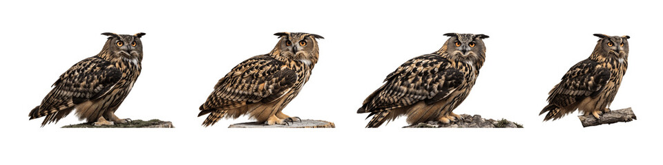 Fototapeta premium A Set For Four eurasian eagle owls isolated on transparent background, perched on different surfaces